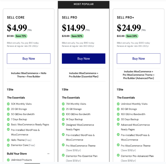 Elementor Ecommerce Hosting Pricing Plans